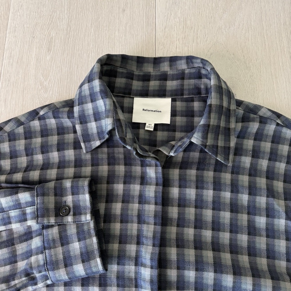 Reformation Andy Oversized Shirt Button Up Women's Size XS Stretch Blue Gray